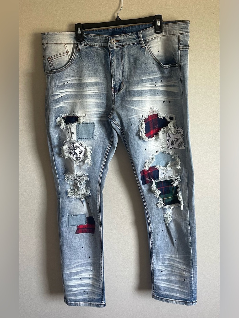 KDNK Light Blue Distressed Men’s Jeans with Plaid Patch Details.